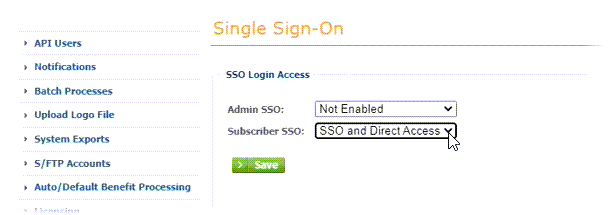 Screenshot: Selecting the Subscriber SSO picklist on the Single Sign-On page